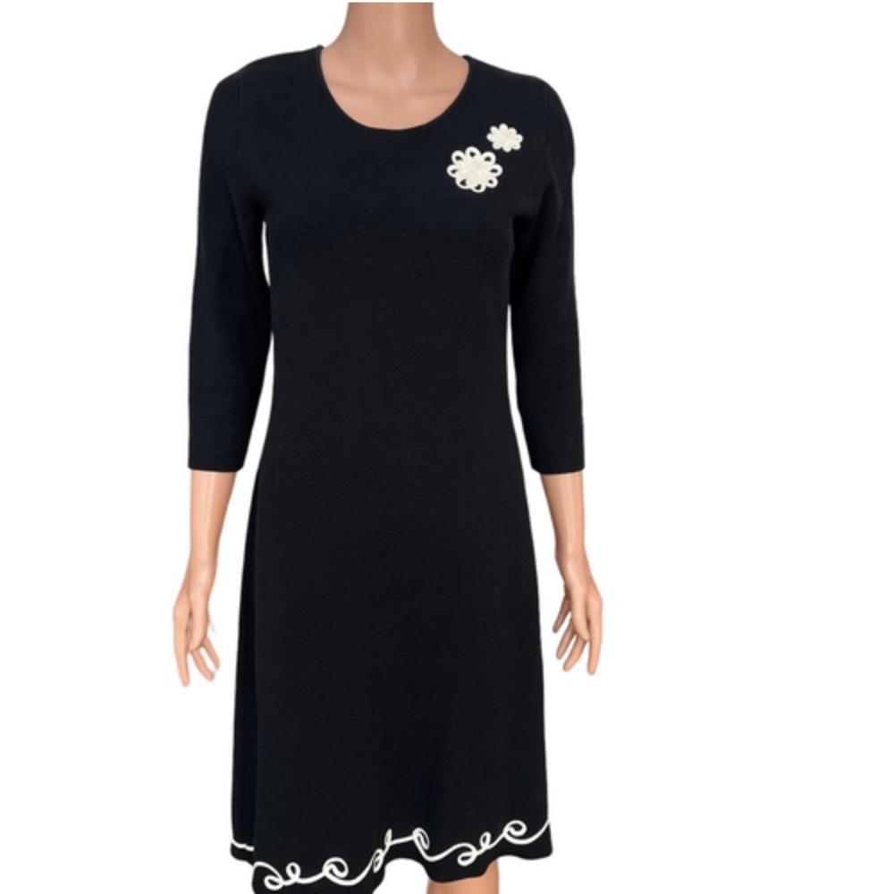Hanna Andersson Women Sweater Dress Black 3/4 Sleeve Embroidered Size S